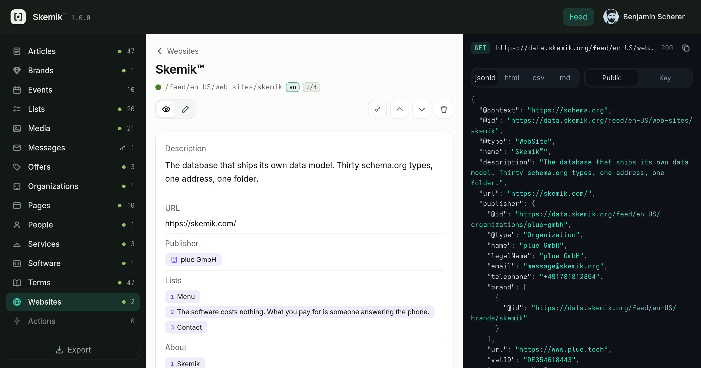 A record in the admin, beside it its address with the document as the feed serves it.