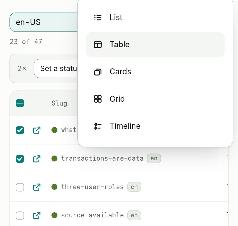 A collection's table, three rows ticked, above it the bar with status, value and trash.